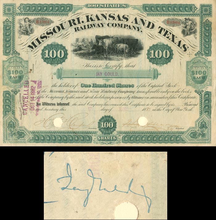 Missouri, Kansas and Texas Railway Company Issued to and Signed by Jay Gould